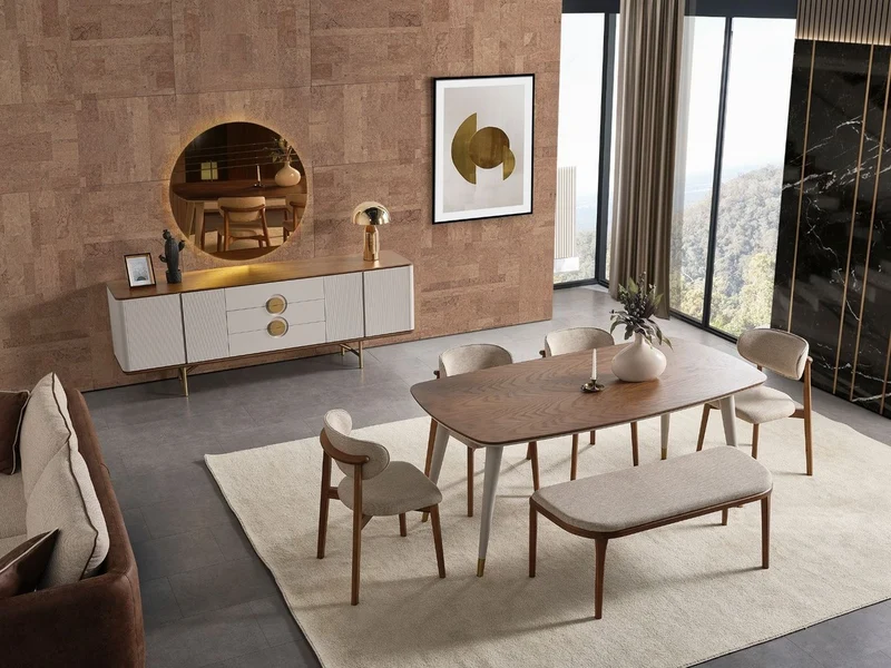 Casa Padrino Luxus Esszimmer Set Grau / Braun - 1 Luxus Esstisch & 4 Luxus Esszimmerstühle & 1 Luxus Sitzbank - Esszimmer Möbel - Luxus Möbel - Luxus Einrichtung - Esszimmer Einrichtung