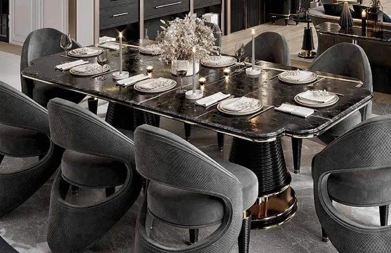 Casa Padrino Luxus Esstisch Schwarz / Gold 250 x 112 x H. 77 cm - Esszimmer Tisch mit Kunstmarmor Tischplatte - Esszimmer Möbel - Luxus Möbel - Luxus Einrichtung