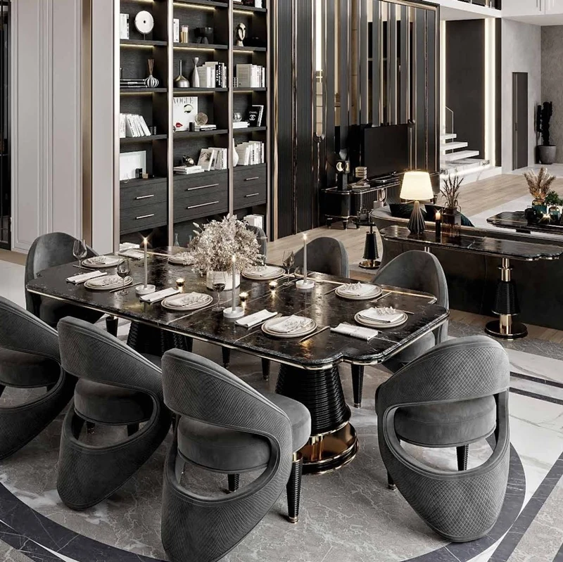 Casa Padrino Luxus Esstisch Schwarz / Gold 250 x 112 x H. 77 cm - Esszimmer Tisch mit Kunstmarmor Tischplatte - Esszimmer Möbel - Luxus Möbel - Luxus Einrichtung