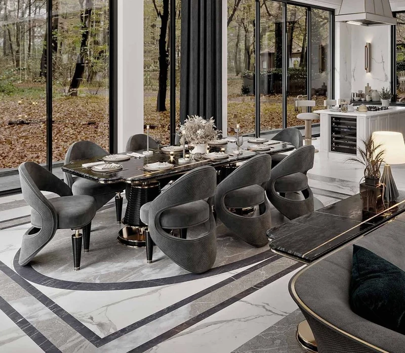 Casa Padrino Luxus Esstisch Schwarz / Gold 250 x 112 x H. 77 cm - Esszimmer Tisch mit Kunstmarmor Tischplatte - Esszimmer Möbel - Luxus Möbel - Luxus Einrichtung
