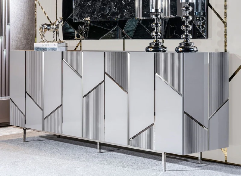 Casa Padrino Luxus Sideboard Grau / Silber 220 x 51 x H. 86 cm - Massivholz Schrank mit 4 Türen - Esszimmer Möbel - Wohnzimmer Möbel - Hotel Möbel - Luxus Möbel