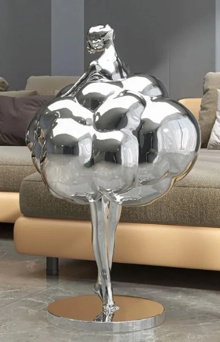 Casa Padrino Luxus Designer Deko Skulptur Tänzerin Silber 49 x H. 75 cm - Kunstharz Deko Figur - Wohnzimmer Deko - Luxus Designer Deko Accessoires - Luxus Qualität
