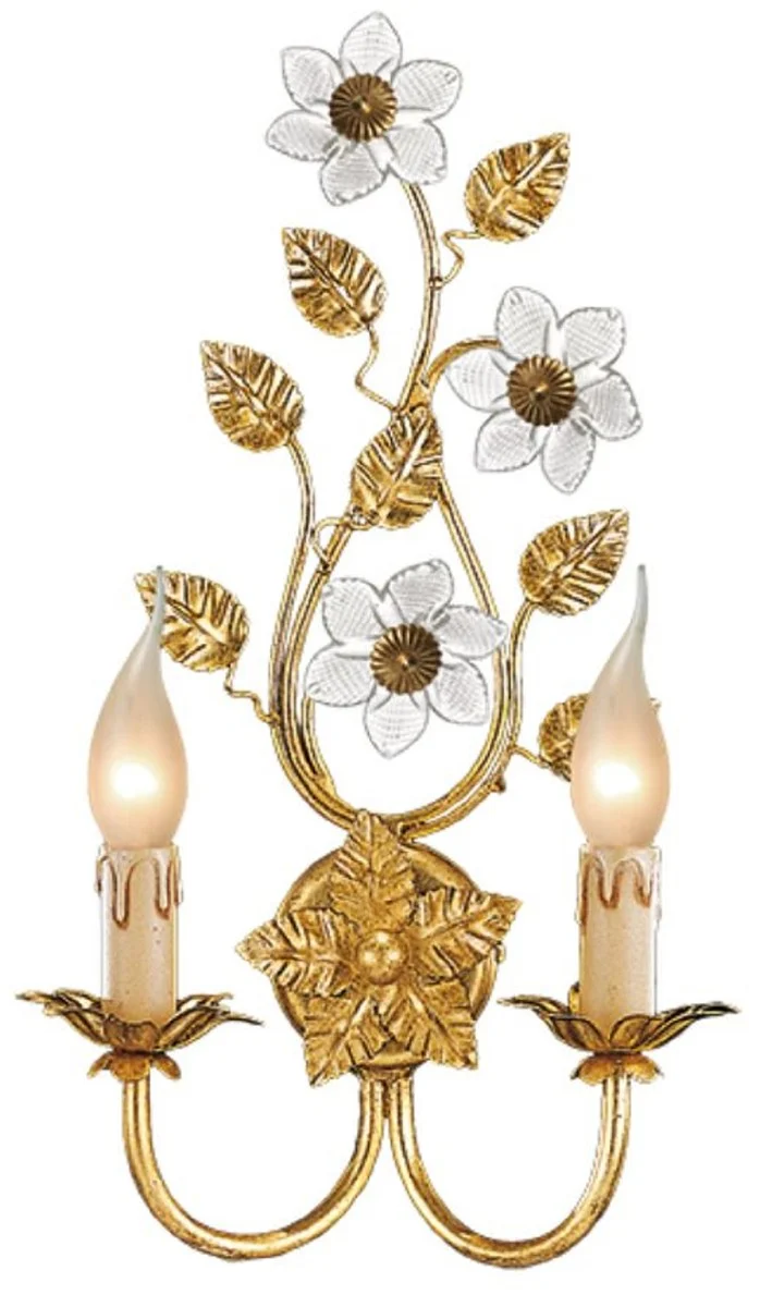 Casa Padrino Luxus Barock Doppel Wandleuchte Gold mit Patina 25 x 11 x H. 43 cm - Elegante Barockstil Wandlampe mit edlem Murano Glas - Barock Leuchten - Luxus Qualität - Made in Italy