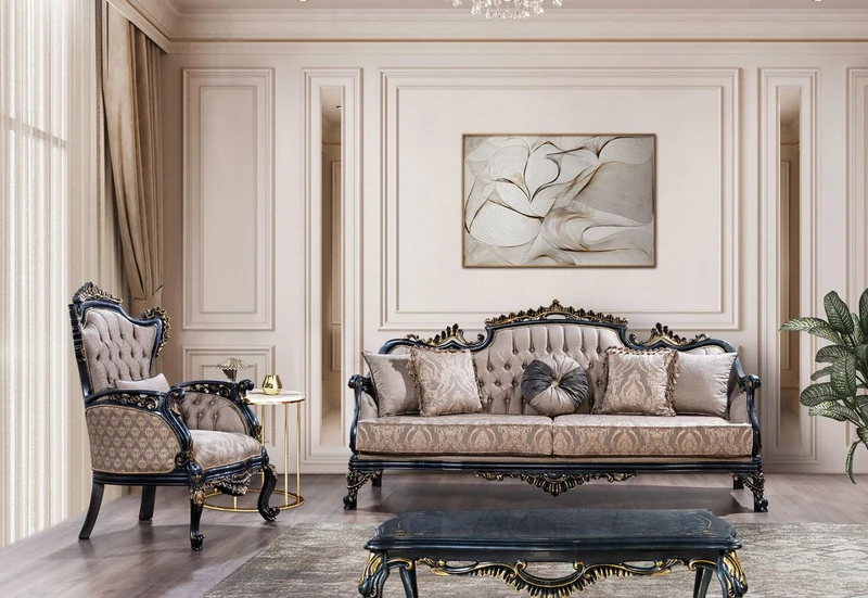 Casa Padrino Luxus Barock Wohnzimmer Set Grau / Blau / Gold - 2 Barock Sofas & 2 Barock Sessel & 1 Barock Couchtisch - Luxus Wohnzimmer Möbel im Barockstil - Barock Möbel - Edel & Prunkvoll