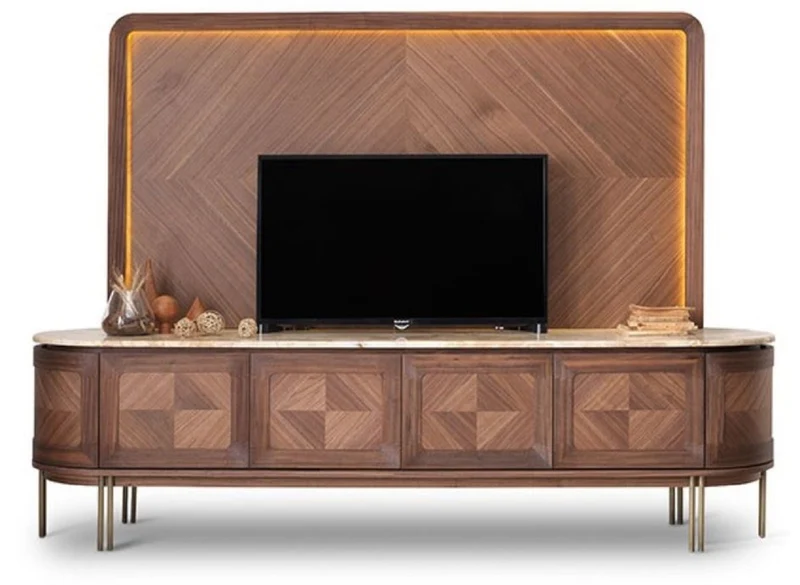 Casa Padrino Luxus TV Schrank Set Braun / Beige / Messing - Wohnzimmer Sideboard mit 4 Türen & beleuchteter TV Rückwand - Wohnzimmer Möbel - Hotel Möbel - Luxus Möbel