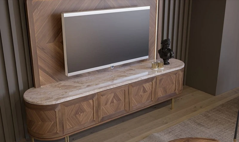 Casa Padrino Luxus TV Schrank Set Braun / Beige / Messing - Wohnzimmer Sideboard mit 4 Türen & beleuchteter TV Rückwand - Wohnzimmer Möbel - Hotel Möbel - Luxus Möbel