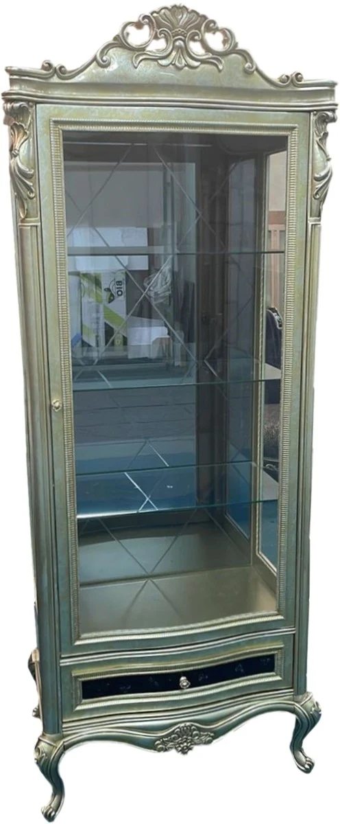 Casa Padrino Luxus Barock Vitrine Gold / Silber / Schwarz - Prunkvoller Massivholz Vitrinenschrank mit Glastür und Schublade - Luxus Möbel im Barockstil - Barock Möbel - Edel & Prunkvoll