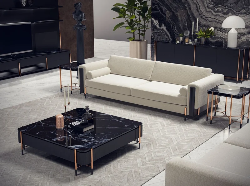 Casa Padrino Luxus Beistelltisch Schwarz / Matt Schwarz / Kupfer 59 x 59 x H. 55 cm - Quadratischer Tisch mit Marmorplatte - Wohnzimmer Möbel - Hotel Möbel - Luxus Möbel
