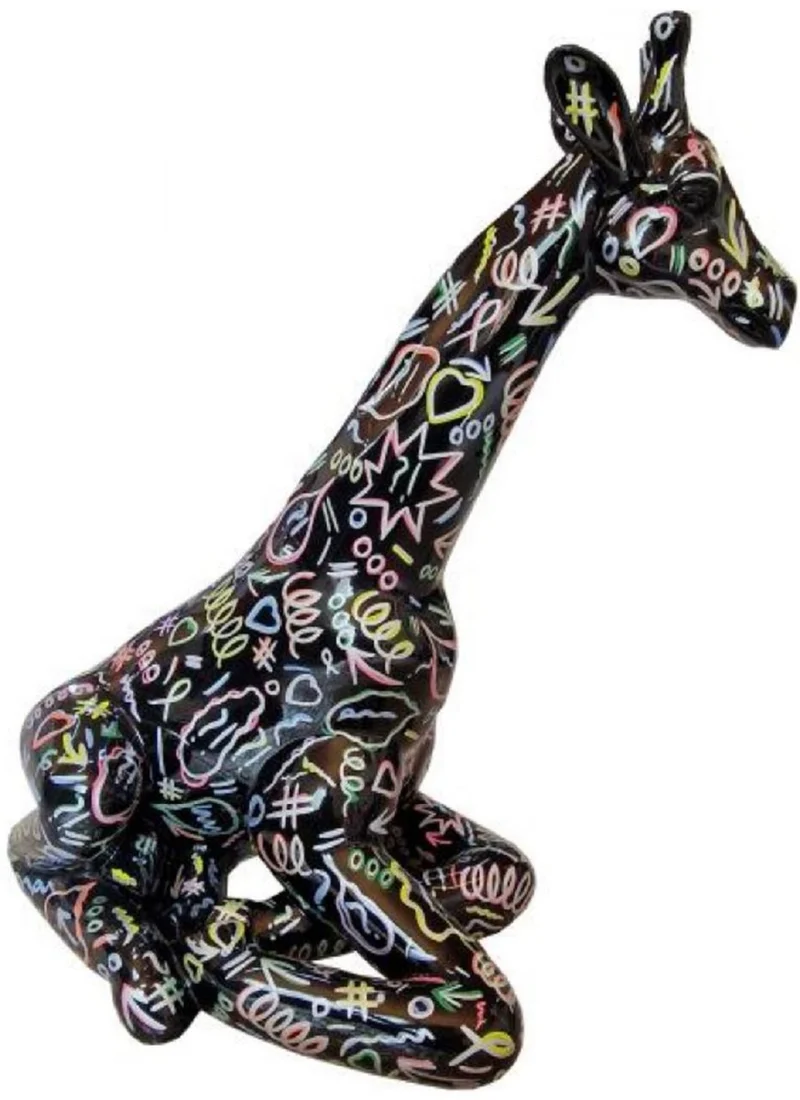 Casa Padrino Luxus Deko Skulptur Giraffe Schwarz / Mehrfarbig H. 80 cm - Große Deko Figur - XXL Deko Skulptur - XXL Deko Figur - XXL Tierfigur - Wohnzimmer Deko - Garten Deko - Deko XXL Figuren