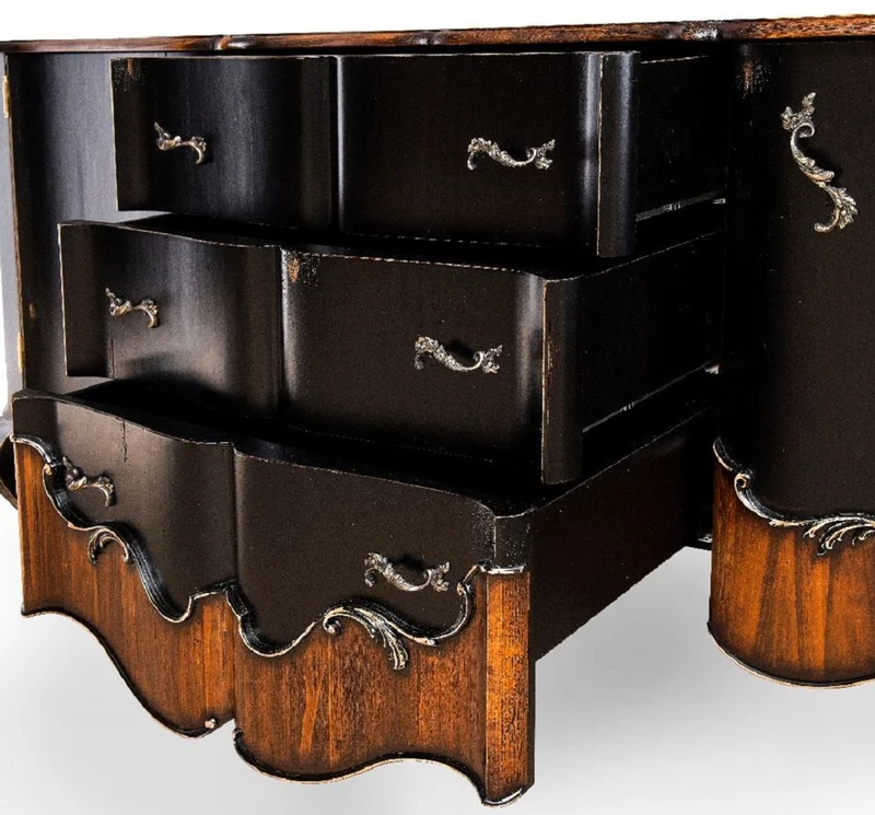 Casa Padrino Luxus Barock Sideboard Antik Schwarz / Braun 200,5 x 53,5 x H. 98 cm - Prunkvoller Massivholz Schrank mit 2 Türen und 3 Schubladen - Luxus Möbel im Barockstil - Barock Möbel