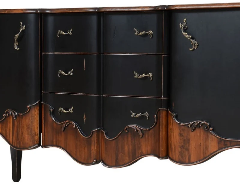 Casa Padrino Luxus Barock Sideboard Antik Schwarz / Braun 200,5 x 53,5 x H. 98 cm - Prunkvoller Massivholz Schrank mit 2 Türen und 3 Schubladen - Luxus Möbel im Barockstil - Barock Möbel