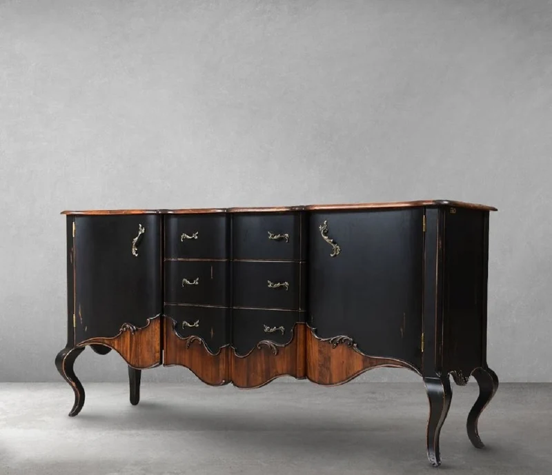 Casa Padrino Luxus Barock Sideboard Antik Schwarz / Braun 200,5 x 53,5 x H. 98 cm - Prunkvoller Massivholz Schrank mit 2 Türen und 3 Schubladen - Luxus Möbel im Barockstil - Barock Möbel
