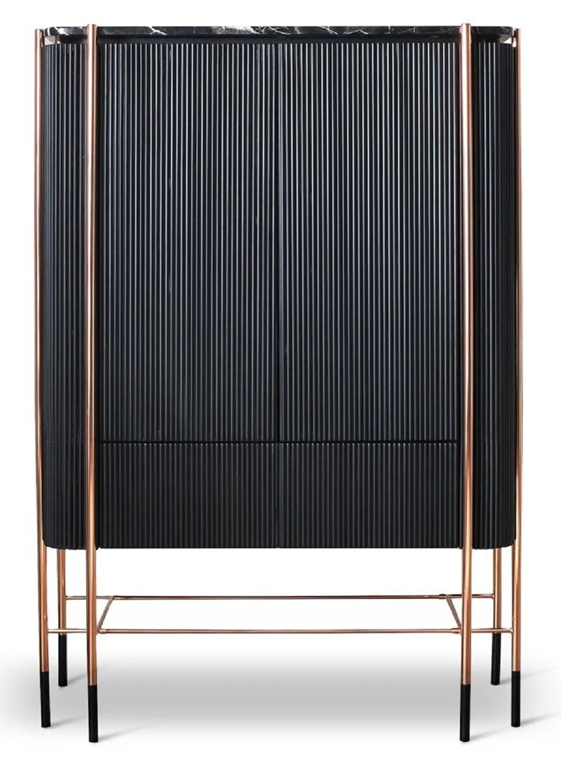 Casa Padrino Luxus Barschrank Schwarz / Matt Schwarz / Kupfer 104 x 52 x H. 150 cm - Beleuchteter Weinschrank mit 2 Türen - Wohnzimmer Möbel - Bar Möbel - Hotel Möbel - Luxus Kollektion