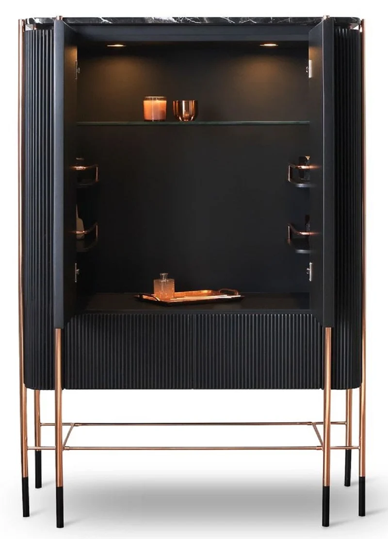 Casa Padrino Luxus Barschrank Schwarz / Matt Schwarz / Kupfer 104 x 52 x H. 150 cm - Beleuchteter Weinschrank mit 2 Türen - Wohnzimmer Möbel - Bar Möbel - Hotel Möbel - Luxus Kollektion