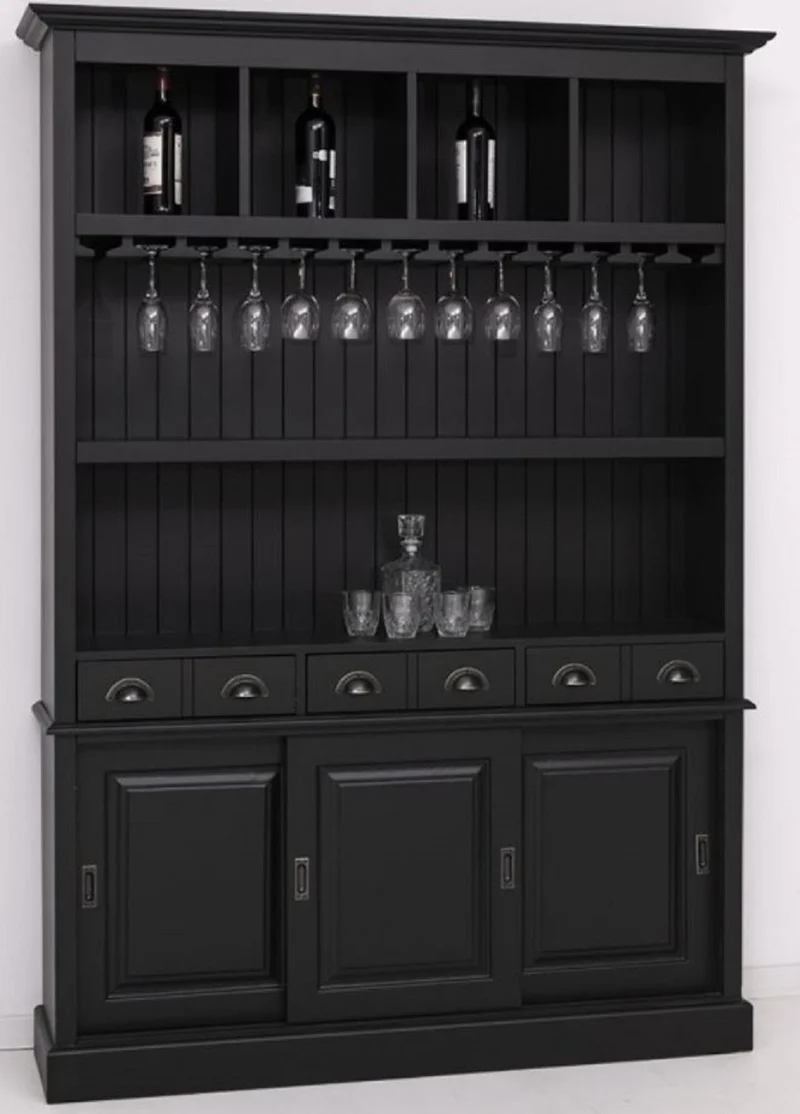 Casa Padrino Landhausstil Massivholz Barschrank Schwarz 151 x 36 x H. 210 cm - Massivholz Weinschrank im Landhausstil - Massivholz Bar Möbel - Landhausstil Bar Möbel
