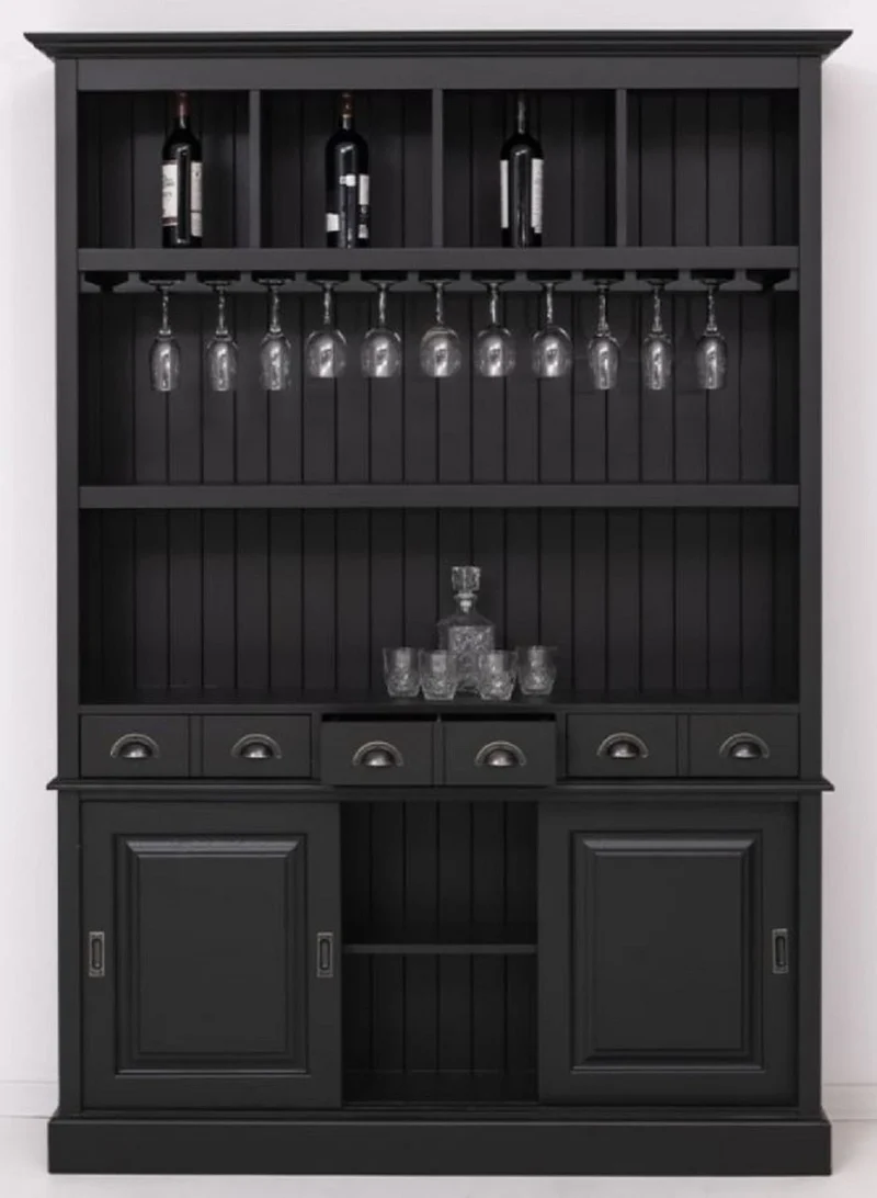 Casa Padrino Landhausstil Massivholz Barschrank Schwarz 151 x 36 x H. 210 cm - Massivholz Weinschrank im Landhausstil - Massivholz Bar Möbel - Landhausstil Bar Möbel