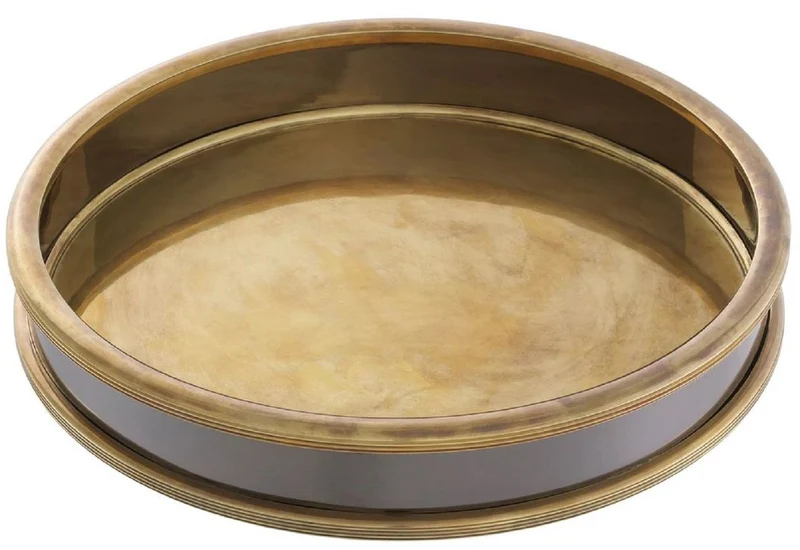 Casa Padrino Luxus Serviertablett Vintage Messing / Silber-Schwarz Ø 34 x H. 5 cm - Rundes Messing Tablett - Gastronomie & Restaurant Accessoires - Luxus Accessoires