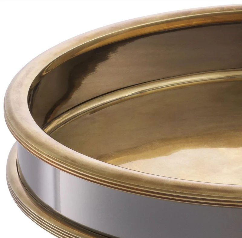 Casa Padrino Luxus Serviertablett Vintage Messing / Silber-Schwarz Ø 34 x H. 5 cm - Rundes Messing Tablett - Gastronomie & Restaurant Accessoires - Luxus Accessoires