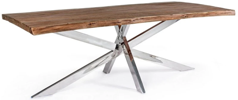 Casa Padrino Luxus Esstisch Braun / Silber 220 x 100 x H. 77 cm - Rechteckiger Küchentisch mit Massivholz Tischplatte und Edelstahl Beinen - Esszimmer Möbel - Küchen Möbel - Luxus Möbel