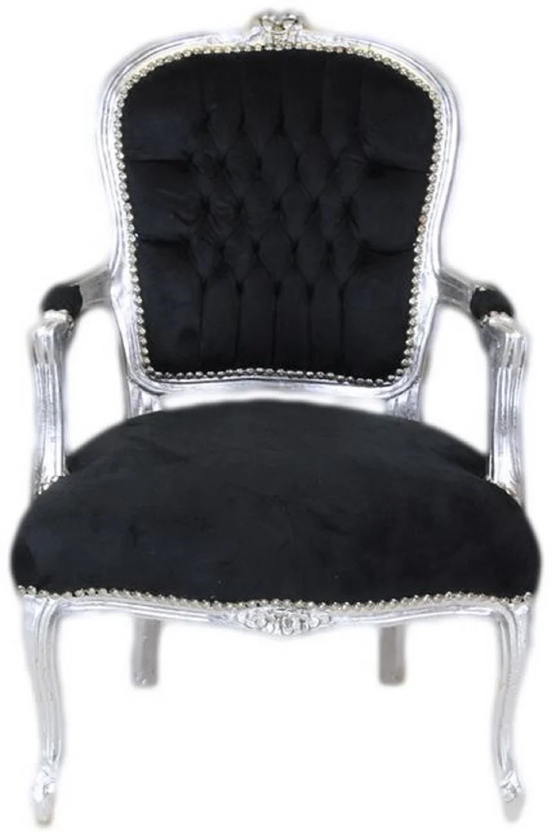 Casa Padrino Barock Salon Stuhl Schwarz / Silber - Handgefertigter Antik Stil Stuhl mit edlem Samtstoff - Möbel im Barockstil - Barock Möbel - Barock Einrichtung