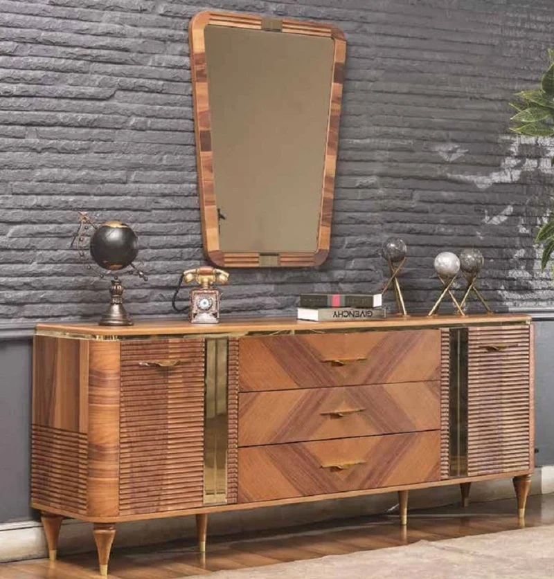 Casa Padrino Luxus Art Deco Sideboard Braun / Gold 200 x 42 x H. 72 cm - Edler Massivholz Schrank mit 2 Türen und 3 Schubladen - Art Deco Möbel - Luxus Möbel