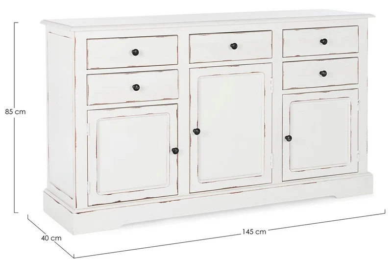 Casa Padrino Landhausstil Sideboard Antik Weiß 145 x 40 x H. 85 cm - Landhausstil Schrank mit 3 Türen und 5 Schubladen - Landhausstil Möbel - Landhausstil Einrichtung