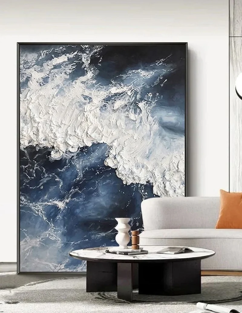 Casa Padrino Luxus Designer Ölgemälde Blau / Weiß / Schwarz 120 x 9 x H. 160 cm - Handgemaltes Gemälde mit Metallrahmen - Luxus Wand Deko - Designer Wand Deko - Deko Accessoires - Luxus Qualität