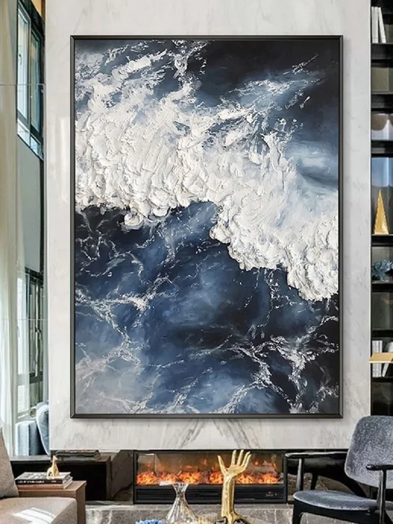 Casa Padrino Luxus Designer Ölgemälde Blau / Weiß / Schwarz 120 x 9 x H. 160 cm - Handgemaltes Gemälde mit Metallrahmen - Luxus Wand Deko - Designer Wand Deko - Deko Accessoires - Luxus Qualität