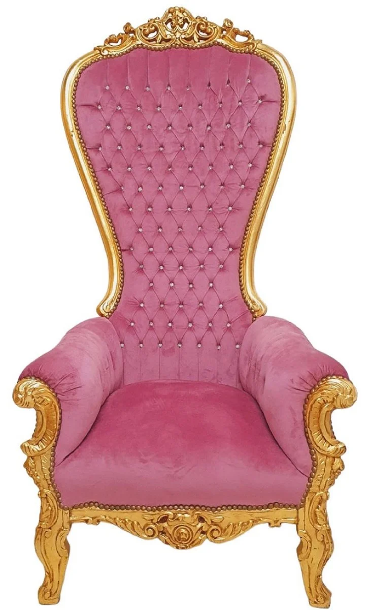 Casa Padrino Barock Thron Sessel mit edlem Samtstoff und Glitzersteinen Rosa / Gold - Handgefertigter Königssessel im Barockstil - Prunkvoller Hochzeitssessel - Barock Riesensessel - Barock Möbel
