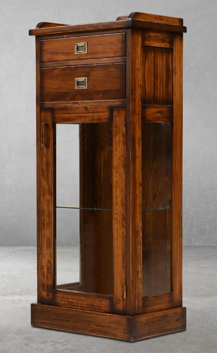 Casa Padrino Luxus Vintage Stil Vitrine Braun / Messing 58,5 x 37 x H. 137 cm - Massivholz Vitrinenschrank mit 2 Schubladen und Tür - Massivholz Möbel - Vintage Stil Möbel - Luxus Möbel