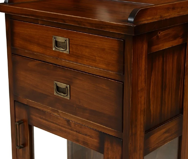 Casa Padrino Luxus Vintage Stil Vitrine Braun / Messing 58,5 x 37 x H. 137 cm - Massivholz Vitrinenschrank mit 2 Schubladen und Tür - Massivholz Möbel - Vintage Stil Möbel - Luxus Möbel