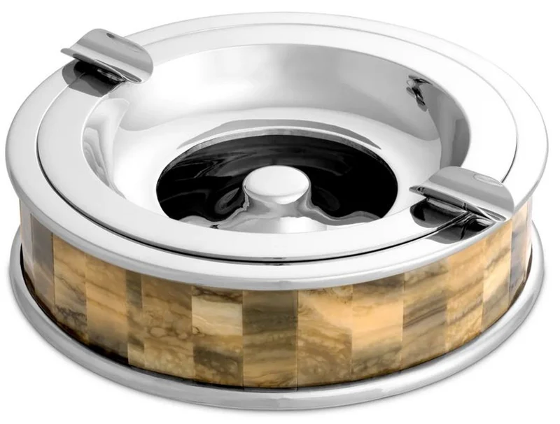 Casa Padrino Luxus Aschenbecher Silber / Braun Ø 20,5 x H. 6,5 cm - Runder dekorativer Aschenbecher - Deko Accessoires - Luxus Qualität