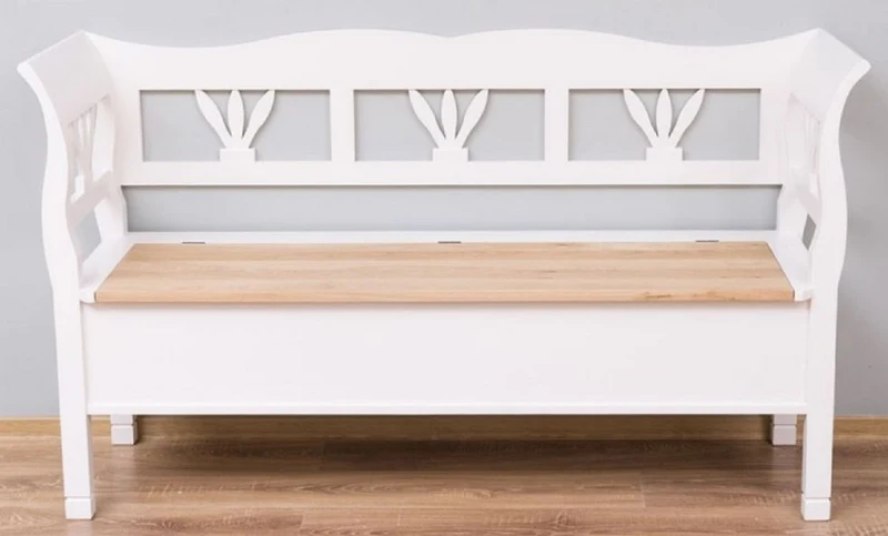 Casa Padrino Landhausstil Sitzbank Weiß / Naturfarben 163 x 48 x H. 92 cm - Massivholz Bank mit Stauraum - Massivholz Möbel - Landhausstil Möbel - Landhausstil Einrichtung