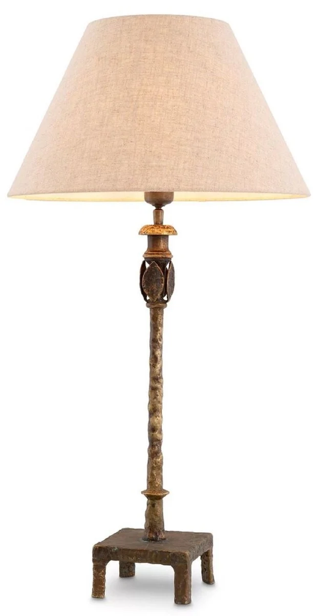 Casa Padrino Luxus Tischleuchte Vintage Messing / Beige Ø 44,5 x H. 84 cm - Schreibtischleuchte mit rundem Lampenschirm - Luxus Tischleuchten - Luxus Schreibtischleuchten - Luxus Leuchten