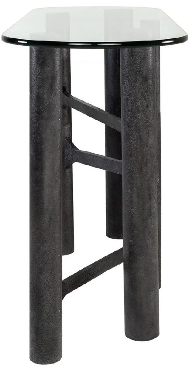 Casa Padrino Luxus Konsole Antik Schwarz 140 x 45 x H. 81 cm - Aluminium Konsolentisch mit Glasplatte - Luxus Möbel - Wohnzimmer Möbel - Luxus Einrichtung - Wohnzimmer Einrichtung