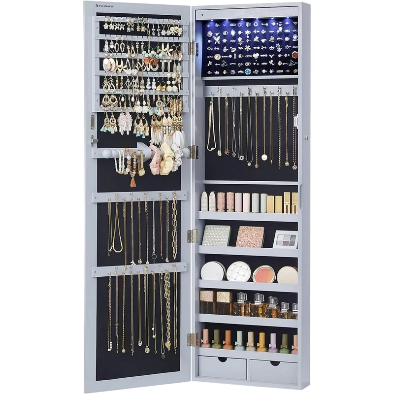 SONGMICS 6 LEDs Mirror Jewelry Cabinet 47.2-Inch Tall Lockable Wall/Door Mounted Jewelry Armoire Makeup Perfume Holder Organizer with Mirror Makeup Perfume 2 Drawers Gray