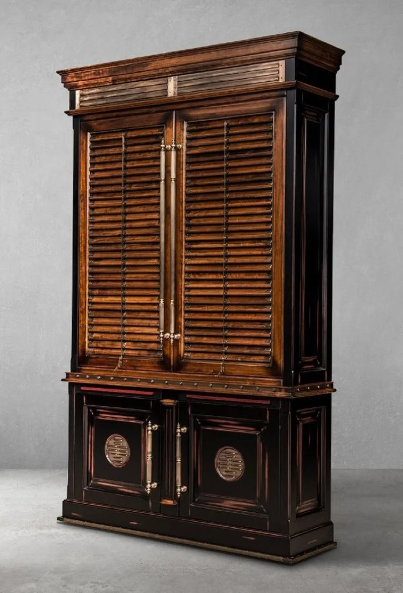 Casa Padrino Luxus Vintage Stil Bücherschrank Braun / Naturfarben / Schwarz 146,5 x 46 x H. 247 cm - Massivholz Schrank - Regalschrank - Wohnzimmerschrank - Büroschrank - Luxus Massivholz Möbel