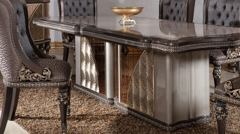 Casa Padrino Luxus Barock Esszimmerstuhl 6er Set Blau / Grau / Dunkelbraun / Gold - Barockstil Küchenstühle mit Muster - Luxus Esszimmer Möbel im Barockstil - Barock Esszimmer Möbel