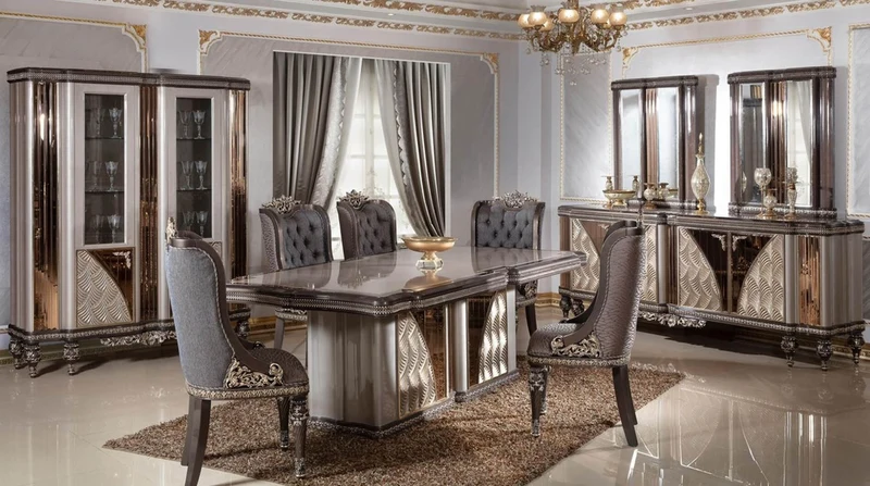 Casa Padrino Luxus Barock Esszimmerstuhl 6er Set Blau / Grau / Dunkelbraun / Gold - Barockstil Küchenstühle mit Muster - Luxus Esszimmer Möbel im Barockstil - Barock Esszimmer Möbel
