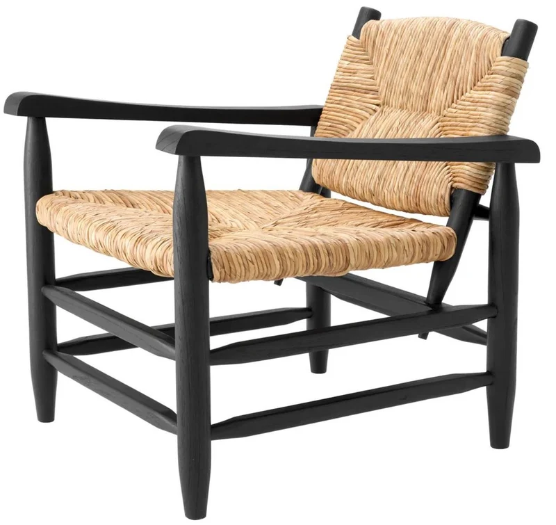 Casa Padrino Luxus Sessel Schwarz / Naturfarben 60,5 x 74 x H. 71 cm - Wohnzimmer Sessel - Hotel Sessel - Wohnzimmer Möbel - Luxus Möbel - Wohnzimmer Einrichtung - Luxus Einrichtung - Möbel Luxus