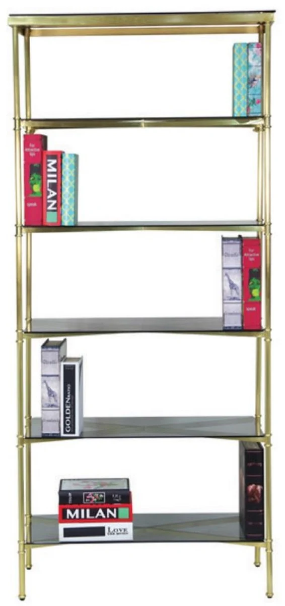 Casa Padrino Luxus Metall Regalschrank mit Glasregalen Gold / Grau 118 x 42 x H. 216 cm - Bücherschrank - Wohnzimmer Schrank - Büro Schrank - Wohnzimmer Möbel - Büro Möbel - Luxus Möbel