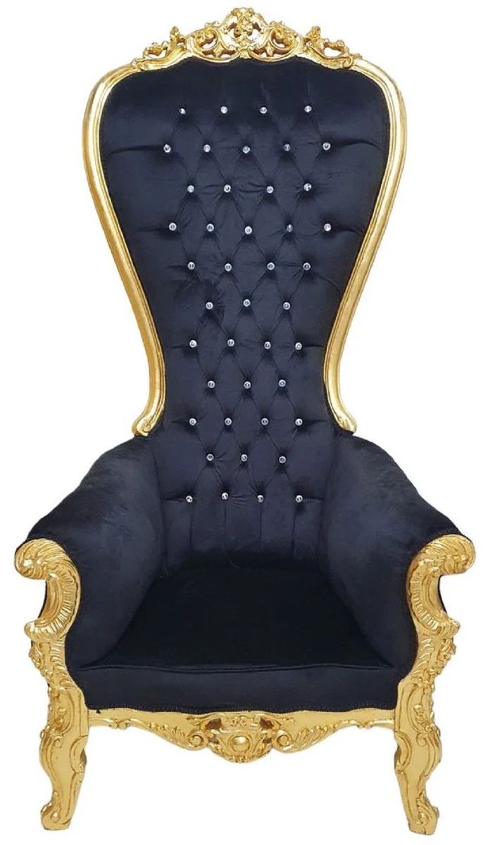 Casa Padrino Barock Thron Sessel mit edlem Samtstoff und Glitzersteinen Schwarz / Gold - Handgefertigter Barockstil Königssessel - Prunkvoller Hochzeitssessel - Barock Riesensessel - Barock Möbel