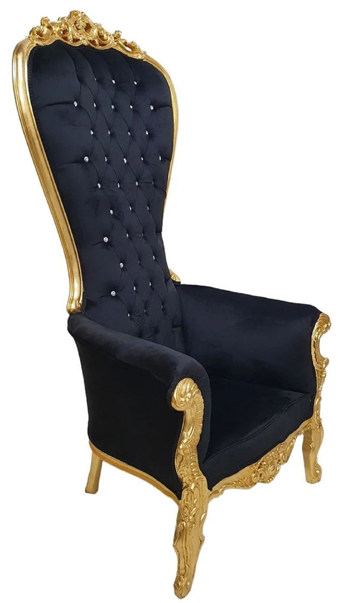 Casa Padrino Barock Thron Sessel mit edlem Samtstoff und Glitzersteinen Schwarz / Gold - Handgefertigter Barockstil Königssessel - Prunkvoller Hochzeitssessel - Barock Riesensessel - Barock Möbel