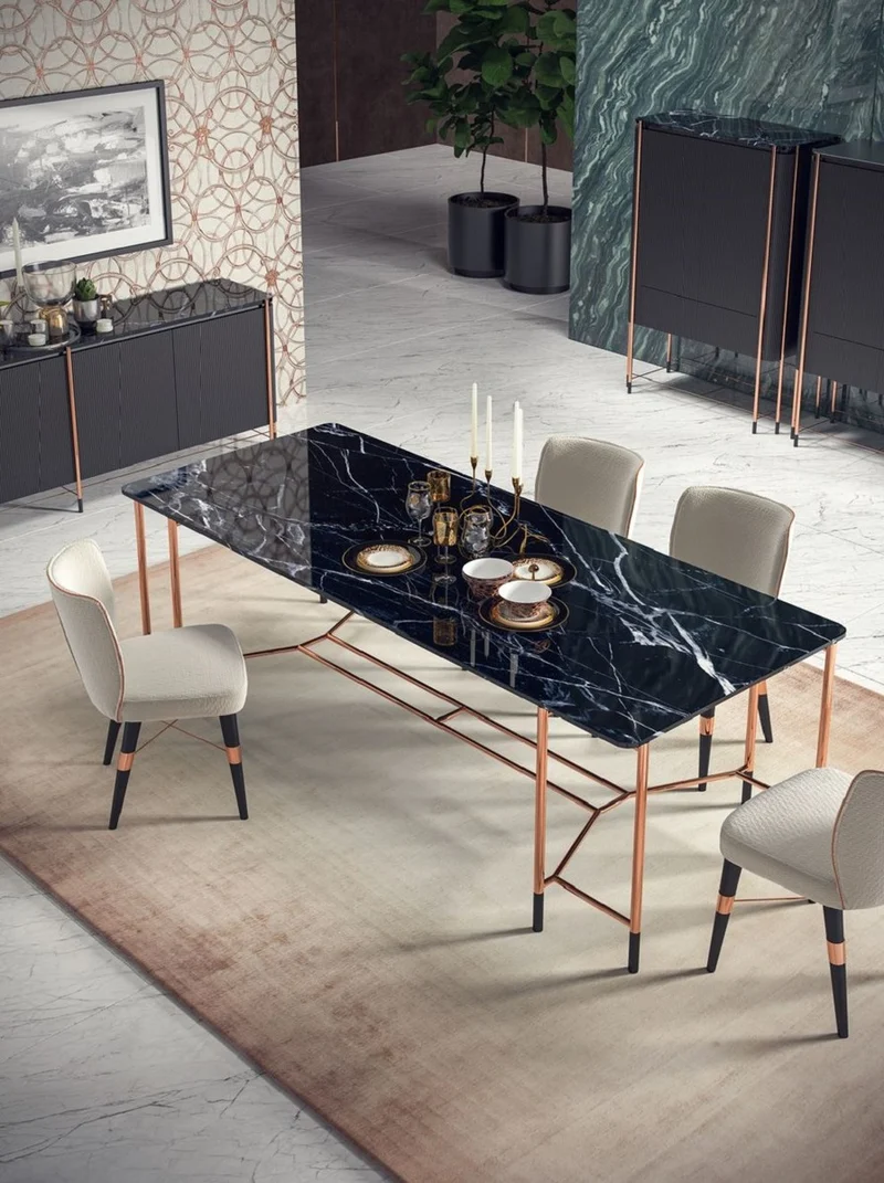 Casa Padrino Luxus Esstisch Schwarz / Kupfer 240 x 100 x H. 75 cm - Rechteckiger Esszimmertisch mit Marmorplatte - Esszimmer Möbel - Luxus Möbel - Luxus Esszimmer Einrichtung