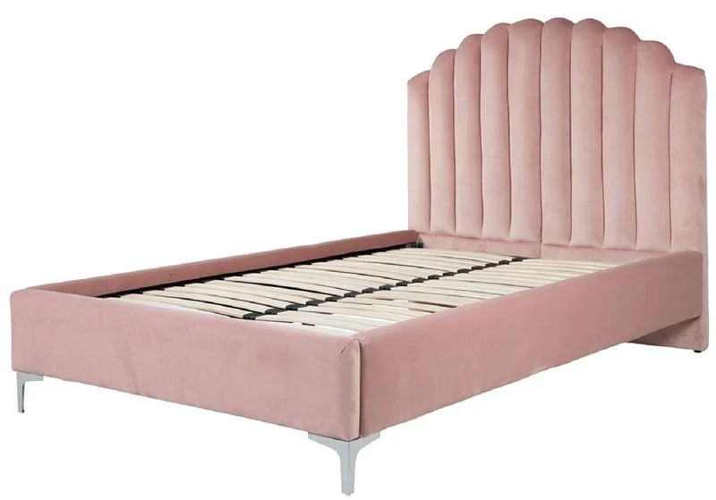 Casa Padrino Luxus Art Deco Doppelbett Rosa / Silber 136 x 215 x H. 131 cm - Massivholz Bett mit edlem Samtstoff - Luxus Schlafzimmer Möbel - Hotel Möbel - Art Deco Möbel