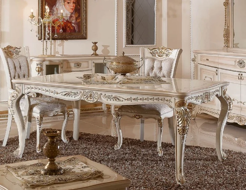 Casa Padrino Luxus Barock Esstisch Weiß / Beige / Gold - Rechteckiger Barockstil Küchentisch - Luxus Esszimmer Möbel im Barockstil - Barock Esszimmer Möbel - Barock Einrichtung