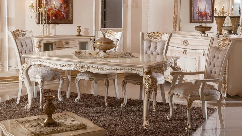 Casa Padrino Luxus Barock Esstisch Weiß / Beige / Gold - Rechteckiger Barockstil Küchentisch - Luxus Esszimmer Möbel im Barockstil - Barock Esszimmer Möbel - Barock Einrichtung