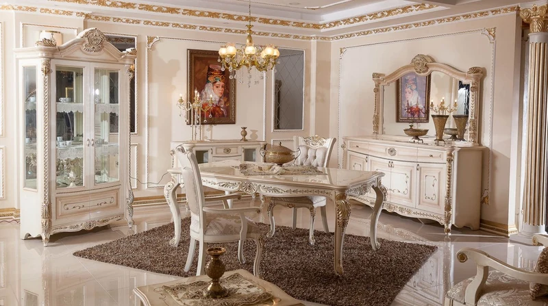 Casa Padrino Luxus Barock Esstisch Weiß / Beige / Gold - Rechteckiger Barockstil Küchentisch - Luxus Esszimmer Möbel im Barockstil - Barock Esszimmer Möbel - Barock Einrichtung