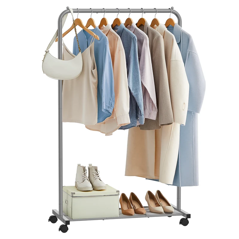 SONGMICS 110 lb Load Capacity Clothes Rack with Wheels Garment Rack with Storage Shelf Clothing Rack for Bedroom 2 Brakes Steel Frame Gray