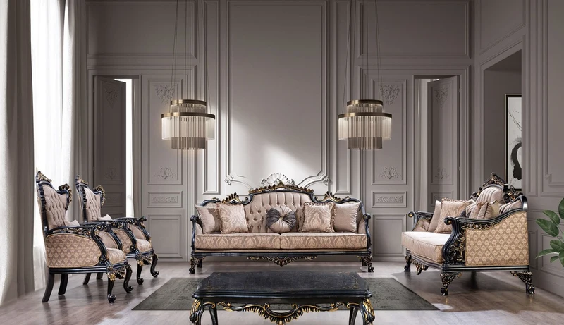 Casa Padrino Luxus Barock Sofa Grau / Blau / Gold - Barockstil Wohnzimmer Sofa mit elegantem Muster - Luxus Wohnzimmer Möbel im Barockstil - Barock Möbel - Barock Einrichtung